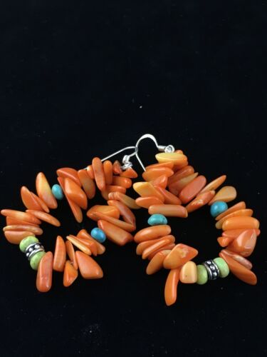Navajo Orange Coral Turquoise Earrings Set | Sterling Silver | Authentic Native American Handmade | 1784