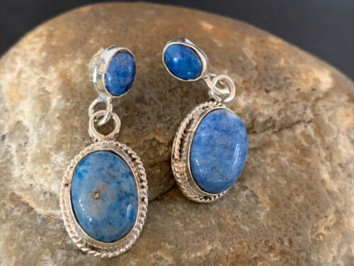 Navajo Denim Lapis Dangle Earrings | Sterling Silver | 1.1" | Authentic Native American Handmade | 1699