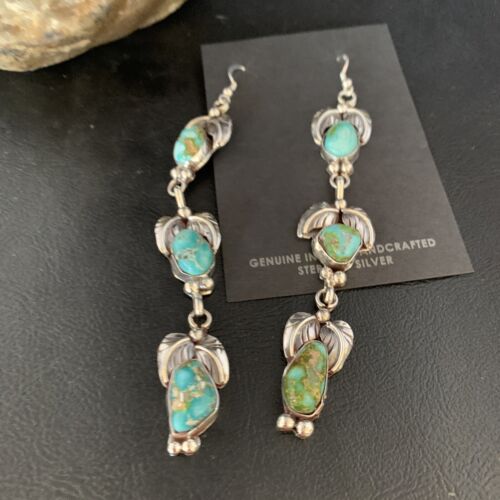 Navajo Sonoran Gold Turquoise Earrings | Sterling Silver | 3 Dangle | Authentic Native American Handmade | 13923