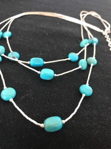 Turquoise Liquid Heishi 3 Strand Necklace | Graduated Sterling Tube | Authentic Native American Handmade | 3695