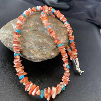 Men's Navajo | Red Spiny Oyster Turquoise Necklace | Sterling Silver | 22" | Authentic Native American Handmade | 10356