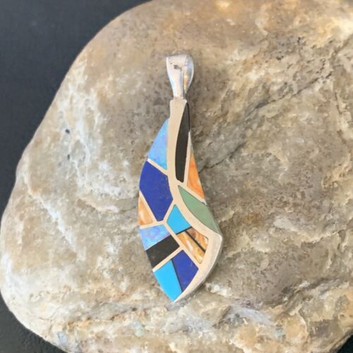 Navajo Spiny Blue Opal Lapis Pendant | Sterling Silver Inlay | Authentic Native American Handmade | 12276