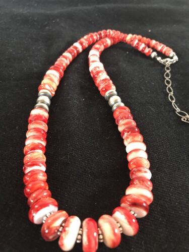 Navajo Red Spiny Oyster Necklace | Sterling Silver | Authentic Native American | Graduated 18" | 12715