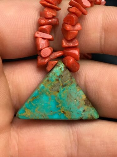 Navajo Kingman Turquoise and Coral Pendant Necklace | Brass | 19" | Authentic Native American Handmade | 4030 - Masha USA