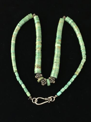 Navajo Green Turquoise Heishi Necklace | Sterling Silver | 22" | Graduated 10051