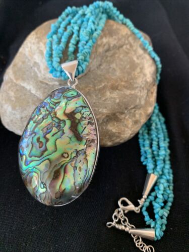 Navajo Sterling Blue Turquoise 4 Strand Necklace | Pava Shell Pendant | 19" Multi-Strand | Southwestern | 00890