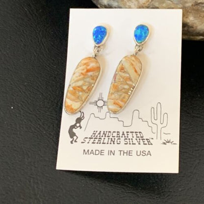Navajo Snake Swirl Earrings | Orange Spiny Oyster Opal Inlay | Sterling Silver | Native American Handmade | 12022