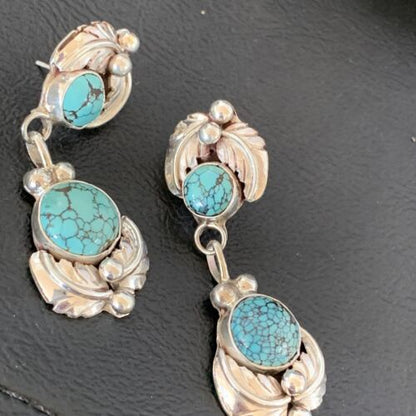 Handmade Navajo Spiderweb Turquoise Dangle Earrings | Sterling Silver Post | Authentic Native American | 1482