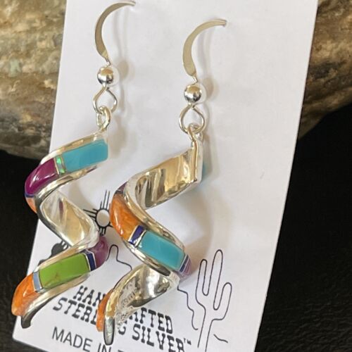 Navajo Swirl Turquoise Spiny Opal Inlay Earrings | Sterling Silver | 1.25" | 1554