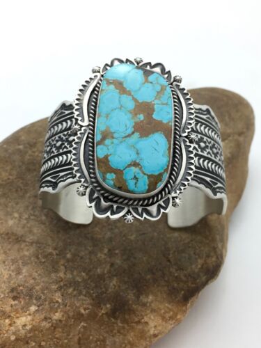 Navajo Men's Turquoise #8 Cuff Bracelet | Sterling Silver | Authentic Native American Handmade | 13646
