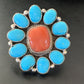 Navajo Blue Kingman Turquoise and Coral Cluster Ring | Authentic Native American Sterling Silver | Multi-Stone | Sz 7.5 | 11530