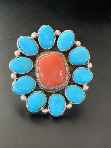 Navajo Blue Kingman Turquoise and Coral Cluster Ring | Authentic Native American Sterling Silver | Multi-Stone | Sz 7.5 | 11530