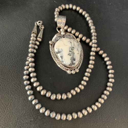 White Buffalo Turquoise Pendant Necklace | Sterling Silver | Navajo | Authentic Native American Handmade | 14053