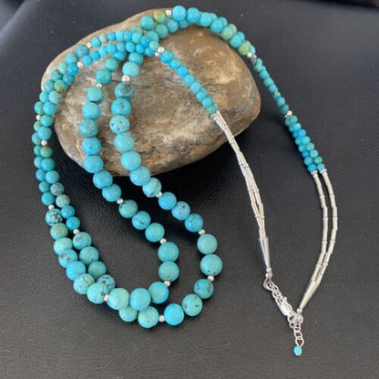Navajo Blue Turquoise Bead Necklace | Sterling Silver | 25" | Authentic Native American Handmade | 11665 - Masha USA