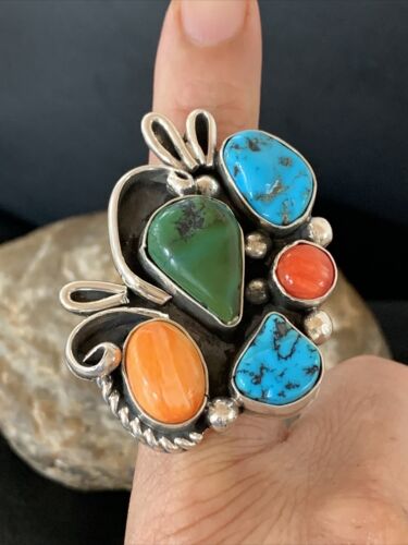 Native American Navajo Sterling Silver Ring | Blue Turquoise & Spiny Oyster | Multi-Stone | Sz 9.5 | 02160