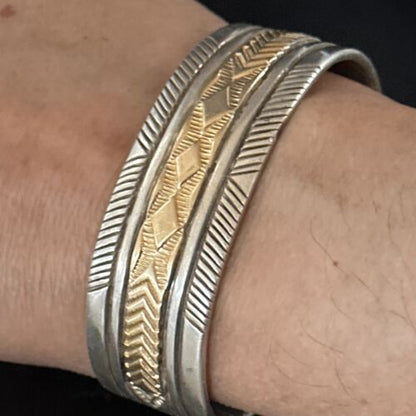 Men's Navajo Handmade Stamped Cuff Bracelet | Sterling Silver & 12K Gold | Authentic Native American | 14593