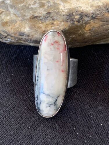 Native American Men's Navajo Cinnabrite Ring | White Black | Sterling Silver | Sz 7.5 | 1555