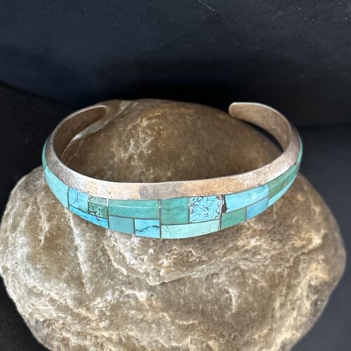 Native American Men's Blue Green Turquoise Inlay Bracelet | Sterling Silver | 14529