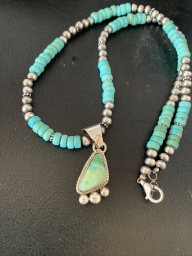 Men's Blue Turquoise Pendant Necklace | Navajo Pearls | Sterling Silver | Authentic Native American Handmade | 13202