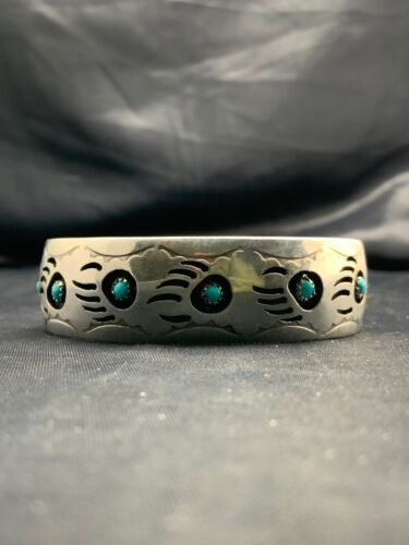 Navajo Turquoise Shadow Box Bear Paw Bracelet | Sterling Silver | Authentic Native American Handmade | 4610