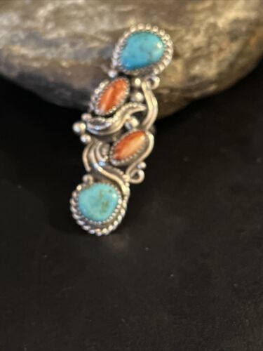 Navajo Turquoise Spiny Oyster Multi-Stone Ring | Authentic Native American Sterling Silver | Sz 8 | 14496