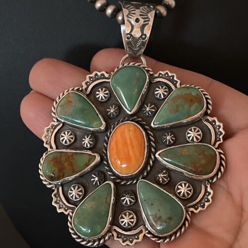 Navajo Spiny Oyster & Turquoise Cluster Pendant Necklace | Authentic Native American Sterling Silver | Multi-Stone | 01118