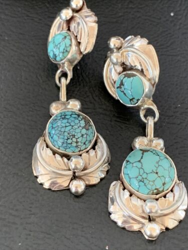 Handmade Navajo Spiderweb Turquoise Dangle Earrings | Sterling Silver Post | Authentic Native American | 1482