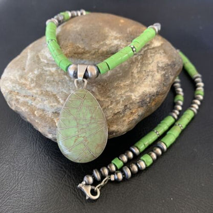 Navajo Green Gaspeite Turquoise Pendant | Sterling Silver | Authentic Native American Handmade | 12286
