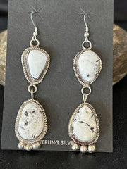 Navajo White Buffalo Turquoise Dangle Earrings | Sterling Silver | 2.5" | Authentic Native American Handmade | 14800