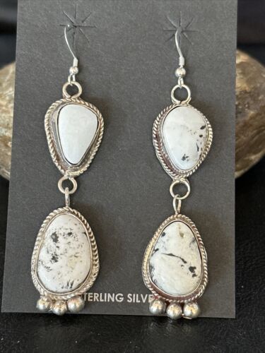 Navajo White Buffalo Turquoise Dangle Earrings | Sterling Silver | 2.5" | Authentic Native American Handmade | 14800