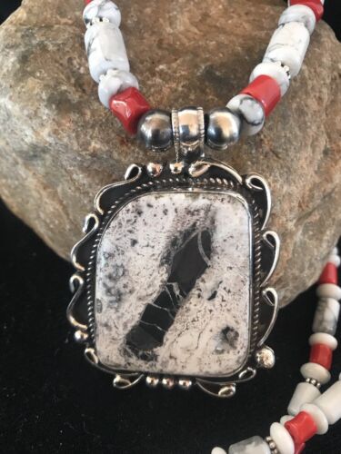 Navajo Pearls White Buffalo Turquoise Necklace Pendant | Sterling Silver | Authentic Native American Handmade | 8216