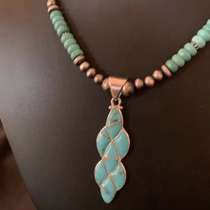 Authentic Native American Navajo Sterling Silver Pendant | Blue Turquoise & Opal Inlay Necklace | 11476