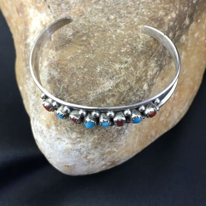 Navajo Children's Blue Turquoise Coral Cuff Bracelet | Sterling Silver | 4" | 10248