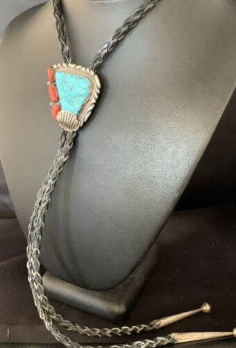Ultra Rare Men's Bolo Tie | Blue Kingman Turquoise & Coral | Sterling Silver | Navajo | 13669