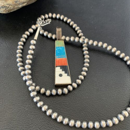 Navajo Old Pawn Mother of Pearl Turquoise Spiny Inlay Pendant Necklace | Sterling Silver | 10698