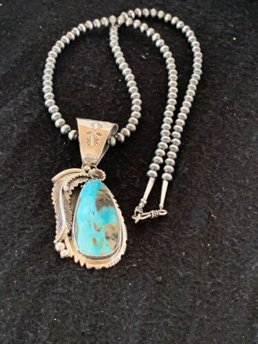 Men's Kingman Turquoise Pendant | Navajo Pearls Sterling Silver Necklace | Authentic Native American Handmade | 4301