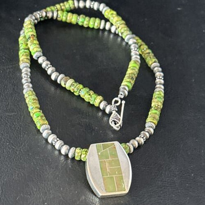 Navajo Green Turquoise Inlay Pendant Necklace | Sterling Silver | 22" | Authentic Native American Handmade | 14610
