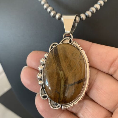 Men's Navajo Pearls Necklace | Sterling Silver | Coffee Tiger's Eye Pendant | Authentic Native American Handmade | 1541