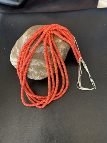 Navajo Red Coral 5-Strand Sterling Silver Turquoise Bead Necklace 22" | Native American Jewelry 12622