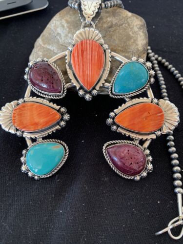 Navajo Sterling Silver Necklace with Turquoise & Spiny Oyster Naja Pendant | 00791