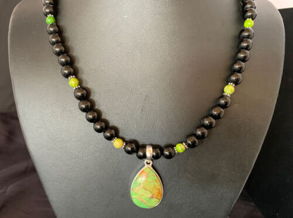 Navajo Pearls Onyx Mojave Turquoise Necklace Pendant | Sterling Silver | Authentic Native American Handmade | 13252