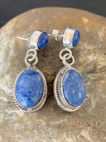 Navajo Denim Lapis Dangle Earrings | Sterling Silver | 1.1" | Authentic Native American Handmade | 1704