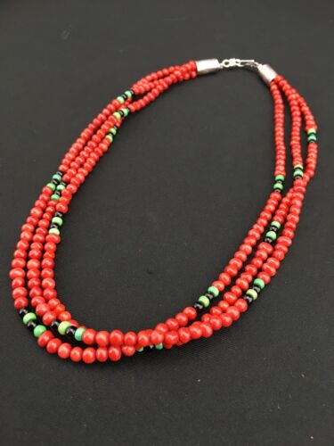 Native American Coral & Turquoise 3 Strand Necklace | Navajo Sterling Silver | 19" | 4856