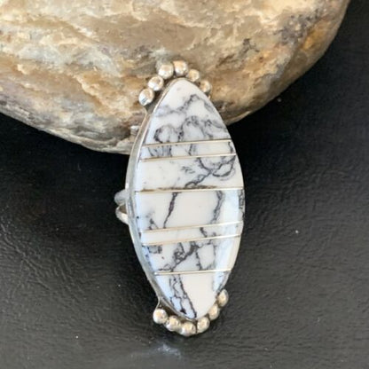 Navajo White Buffalo Turquoise Inlay Ring | Sterling Silver | Sz 6 | Authentic Native American Handmade | 12177