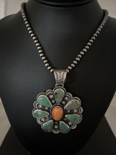 Navajo Spiny Oyster & Turquoise Cluster Pendant Necklace | Sterling Silver | Native American Handmade | 1119