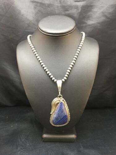 Men's Sterling Silver Navajo Pearls Necklace with Denim Lapis Pendant | Authentic Native American Handmade | 1006