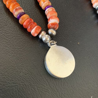 Multi-Color Turquoise & Spiny Oyster Inlay Necklace Pendant | Navajo Sterling Silver | Authentic Native American Handmade | 12721