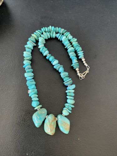 Navajo Blue Green Turquoise Necklace | Sterling Silver | 16" | Authentic Native American Handmade | 12913