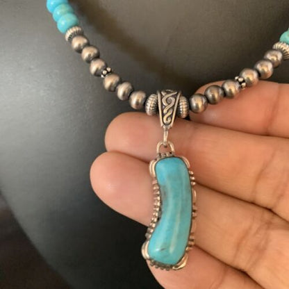 Navajo Blue Turquoise Pendant Necklace | Sterling Silver | Authentic Native American Handmade | 13826