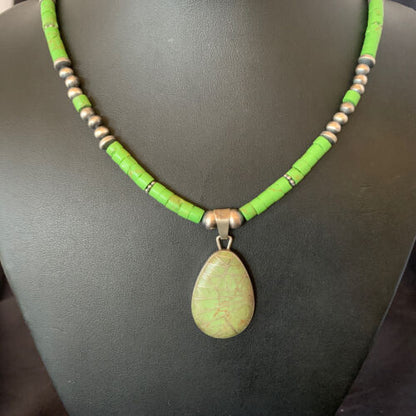 Navajo Green Gaspeite Turquoise Pendant | Sterling Silver | Authentic Native American Handmade | 12286